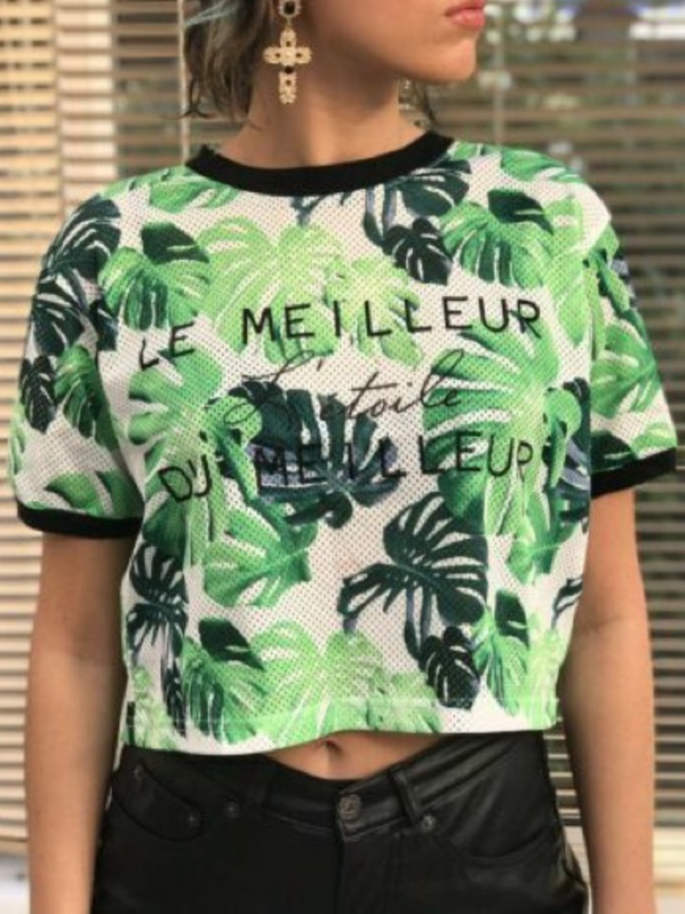 Forever 21 Tropical Leaf Crop Tee in Green and Black